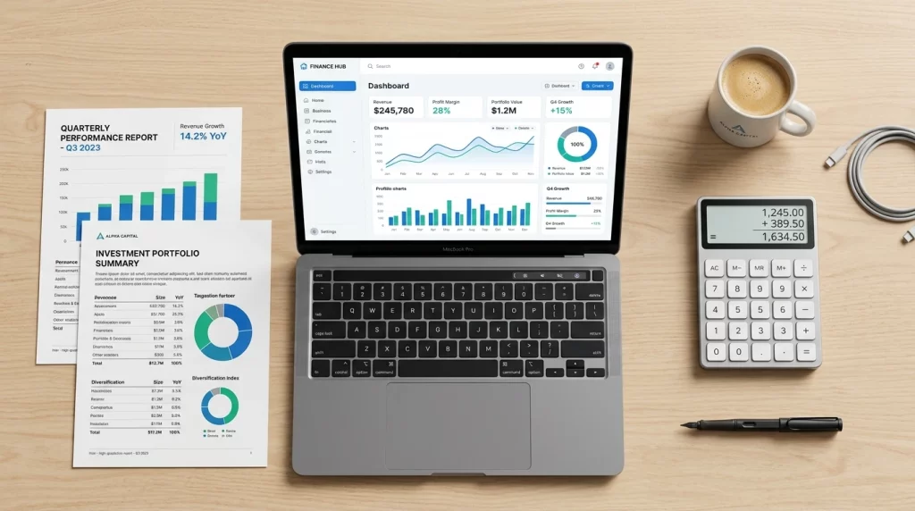 میز کار مدرن یک کاربر نرم افزار مالی با سیستم داشبورد مدیریتی